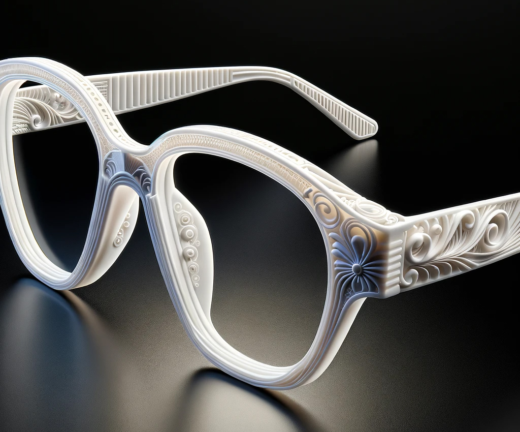 Nahaufnahme einer weißen, verschnörkelten 3D-gedruckten Brille mit sehr vielen Details